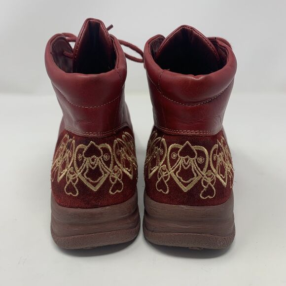 THINK! Denk! Leather Embroidered Ankle Boots 37 US 6 Lace Up‎ Red Comfortable - Picture 4 of 16